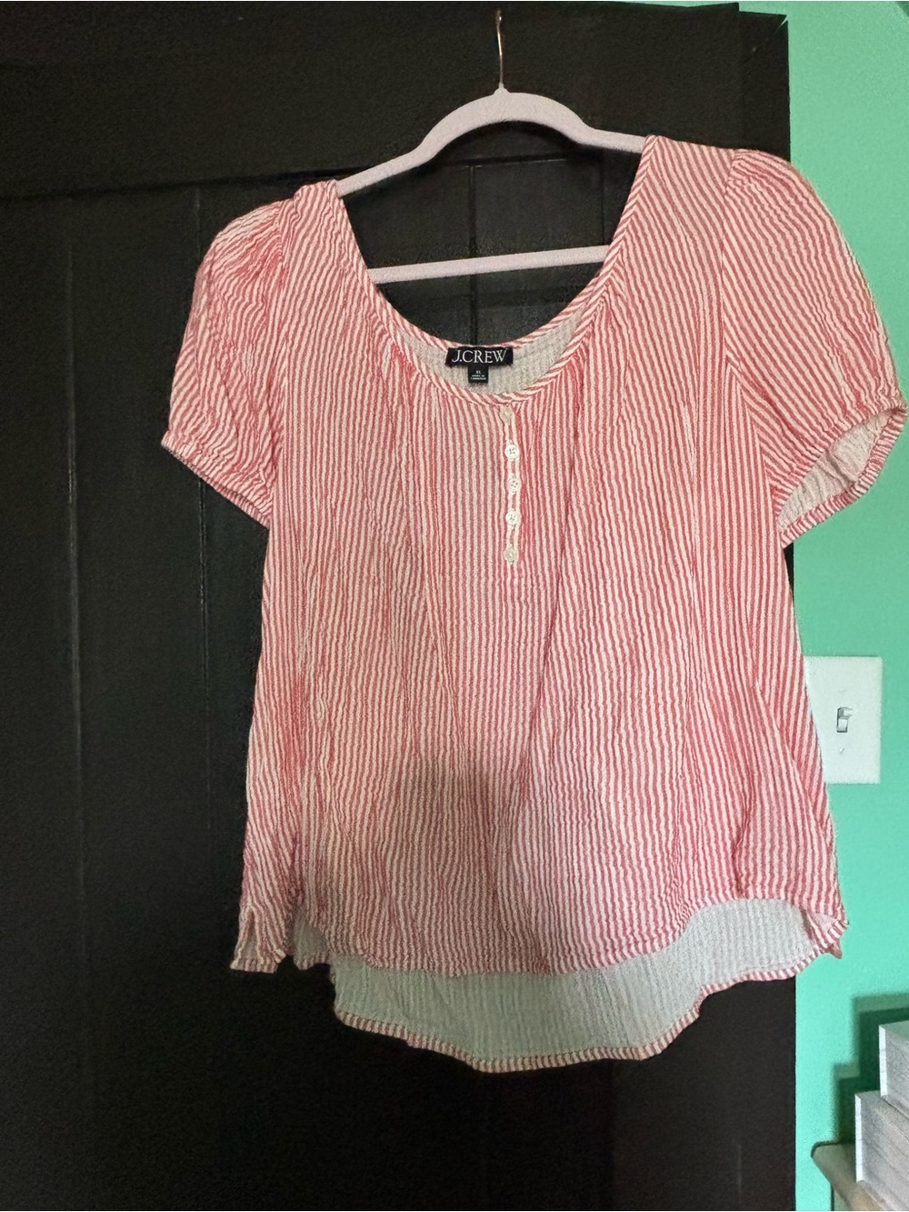 J. Crew Red and White Striped Short-Sleeve Scoop Neck Blouse